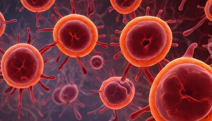 Microscopic view of red blood cells, showing their distinctive biconcave disc shape and the intricate network of blood vessels