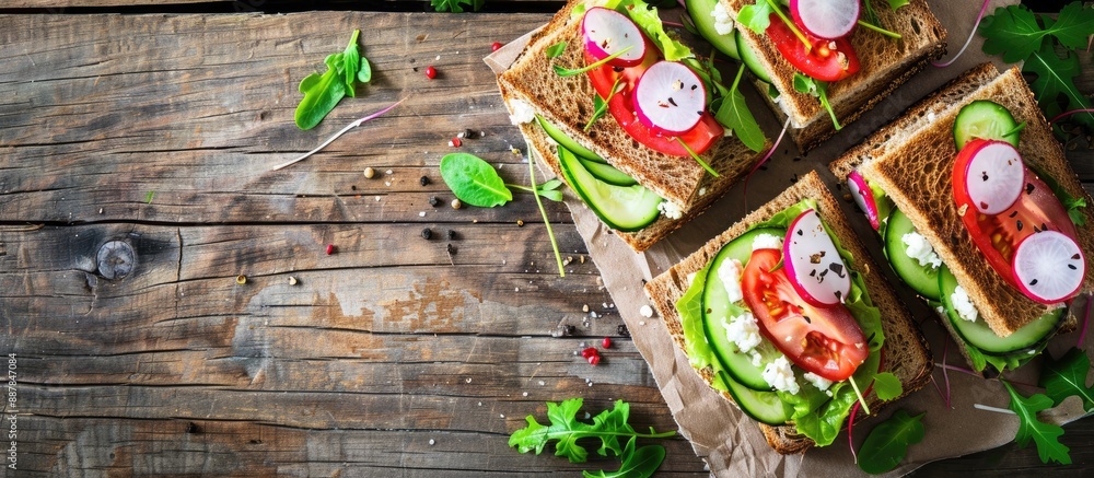 Poster healthy vegetarian sandwiches highlighting feta cheese cucumber tomato and radish on a rustic wooden