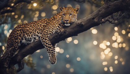 Obraz premium A leopard perched on a tree branch, moonlit night 