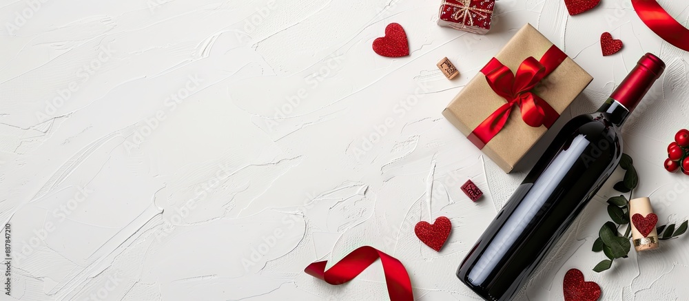 Aufkleber valentine s day table with a wine bottle and gift box arranged on a white background for a top down 