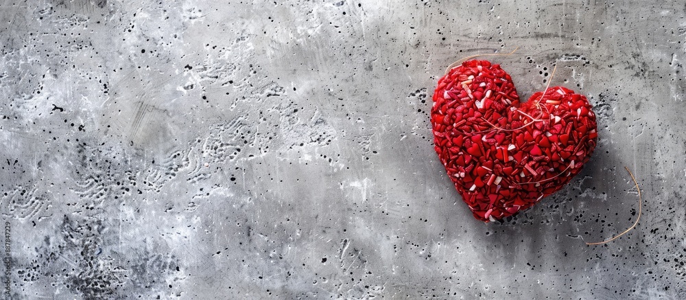 Poster A red heart shaped coconut candy displayed on a concrete background with space for adding images or text. with copy space image. Place for adding text or design