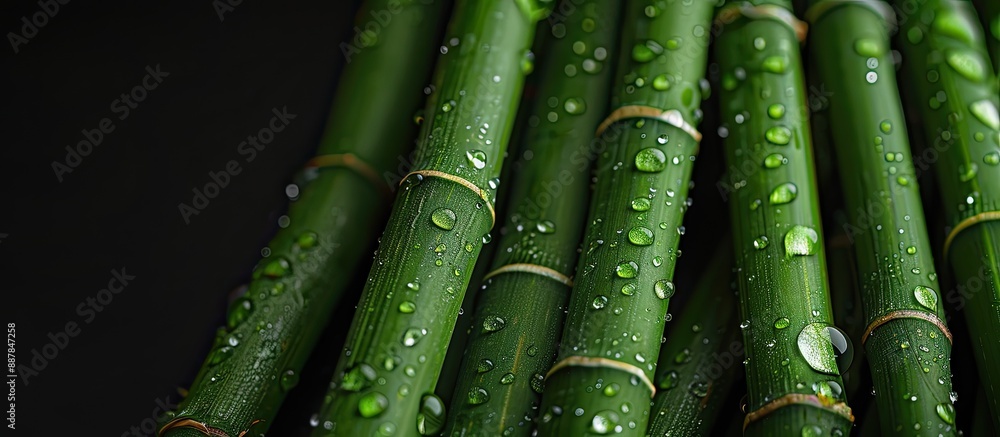 Fototapete close up view of water droplets on green bamboo stems against a black backdrop suitable for a text o