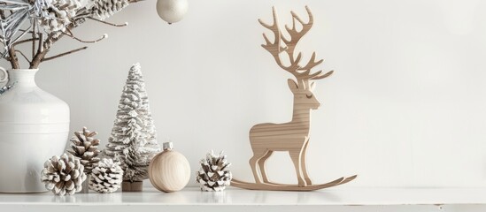 Winter themed home office decor featuring a plywood toy deer skiing on a tree cut ornament against a white wall with a white work desk creating a cozy still life with room for copy space image