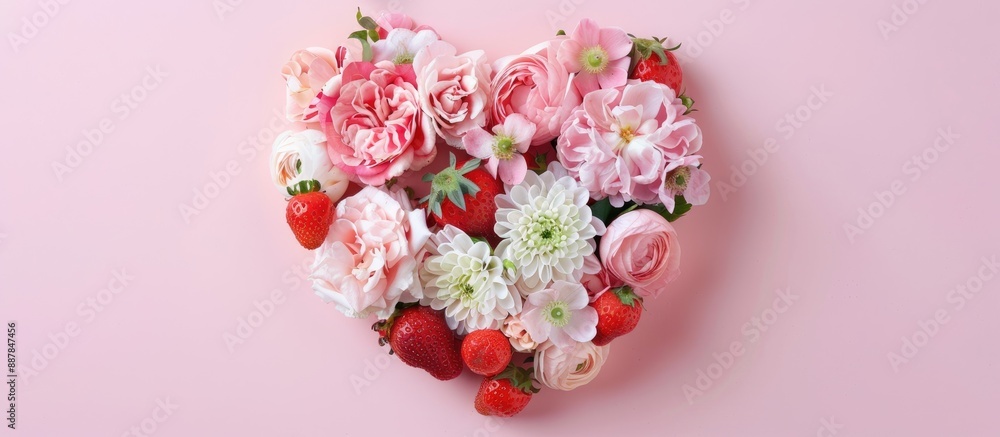 Aufkleber top view of a heart shaped arrangement featuring pink and white flowers along with a strawberry set 