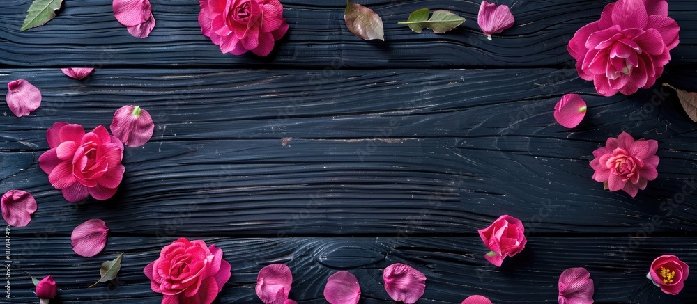 Poster pink flowers and leaves creatively arranged on a black wooden background in a flat lay style emphasi
