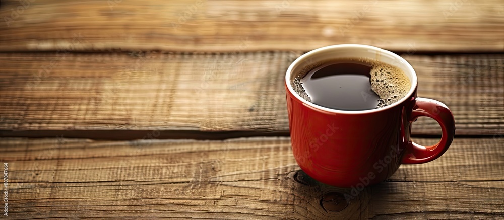Poster coffee cup resting on a wooden surface with copy space image