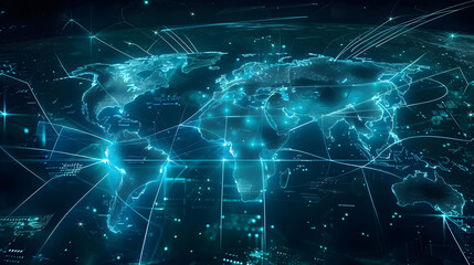 Fototapeta premium Digital world map planet Earth space global globe sky space 5G wireless network AI big data communication pathways science technology web internet connection transmission cyber cloud computing online