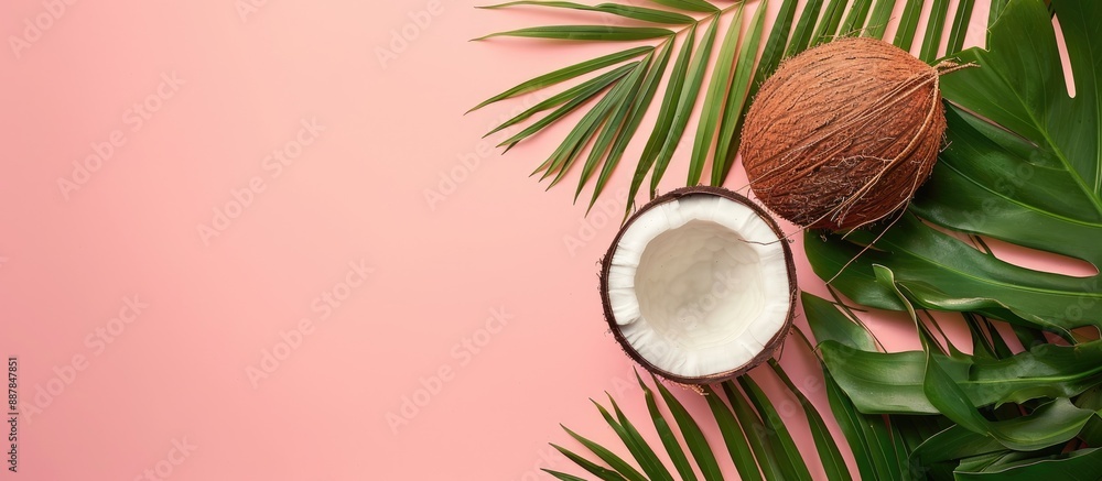 Poster top view of a coconut with its leaves set against a colored background ideal for use as a copy space