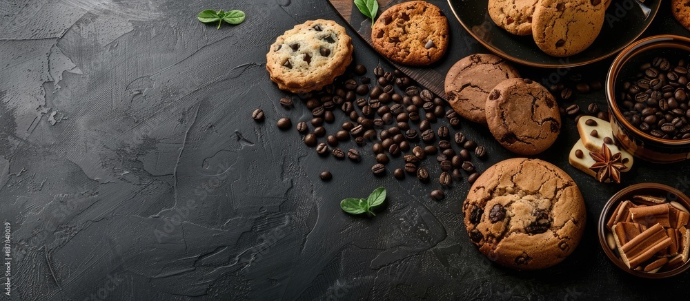 Fototapete Dark coffee beans with cookies cakes and bread displayed in a cafe setting on a dark surface with copy space image