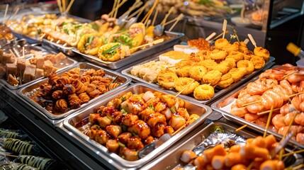 Fototapeta premium Variety of traditional Taiwanese street food displayed at Raohe Night Market in Taipei.