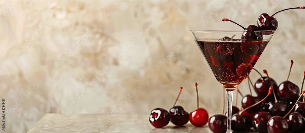 Poster a delicious manhattan cocktail garnished with cherries is displayed against a light background with 