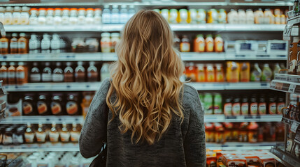 woman wavy blonde hair grocery store drinks beverages juices refrigerated supermarket colorful bottles products on shelves shopping health healthy food lifestyle choice experience customer