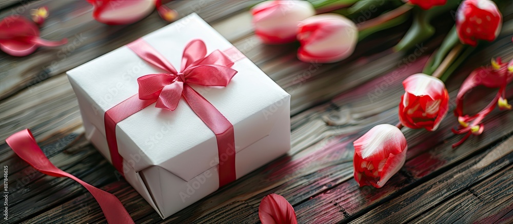 Poster a white gift box sits on a wooden table adorned with tulip flowers providing an elegant copy space i