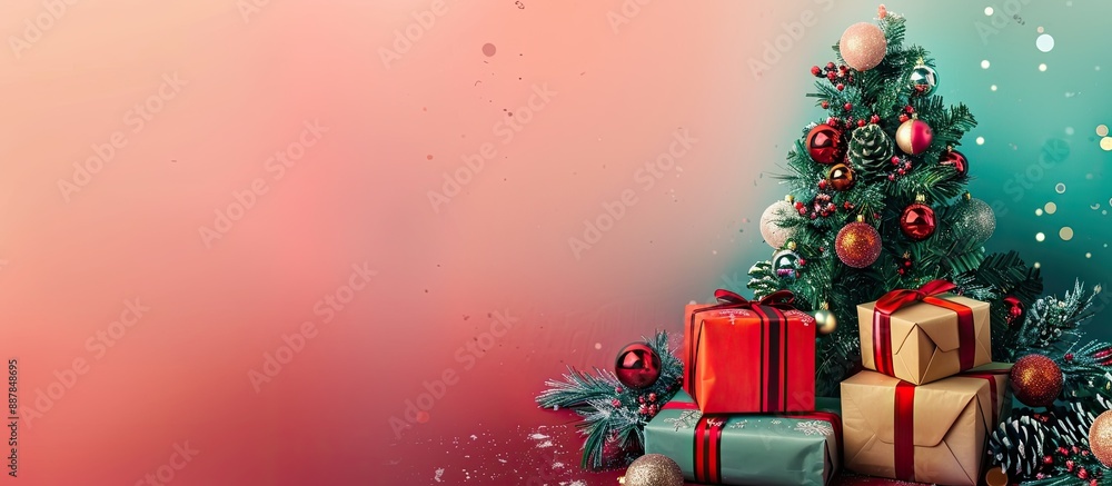 Poster colorful background with gift boxes christmas tree perfect for texts copy space image for mockups gr