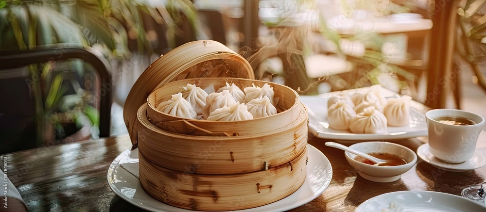 Poster blurry steamed dumplings in a bamboo steamer sit on a dining table in a chinese restaurant surrounde