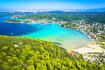 Island of Rab idyllic turquoise bay near Kampor aerial view