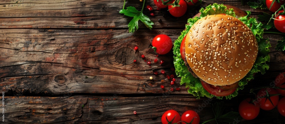 Poster chicken burger with lettuce and tomatoes perfect for food advertisements with copy space image