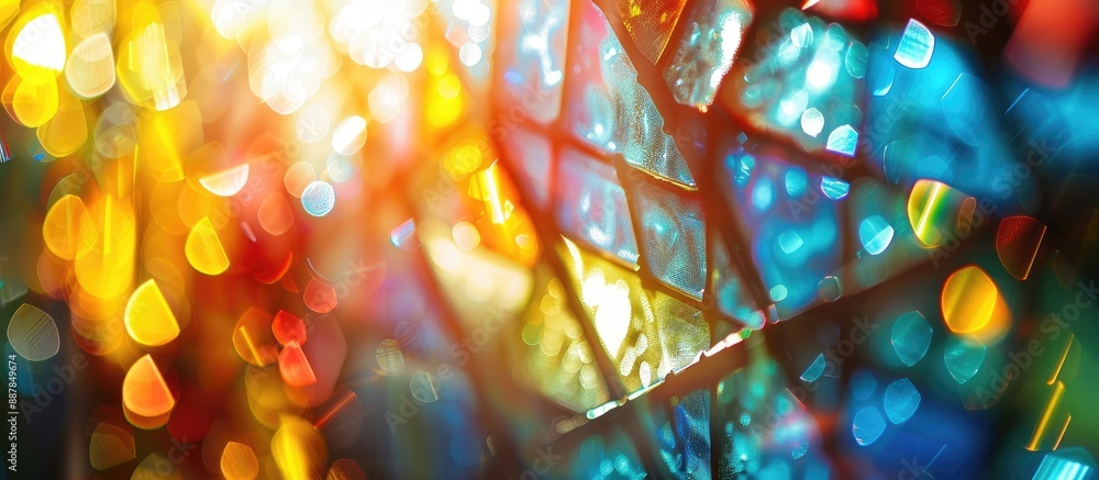 Poster blurry abstract background featuring sunlit stained glass with vibrant colors perfect for copy space