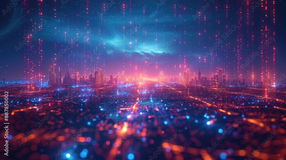 Poster futuristic digital cityscape with glowing lights and data streams in a vibrant neon color scheme, re
