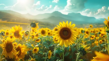 A bright and sunny sunflower field in summer