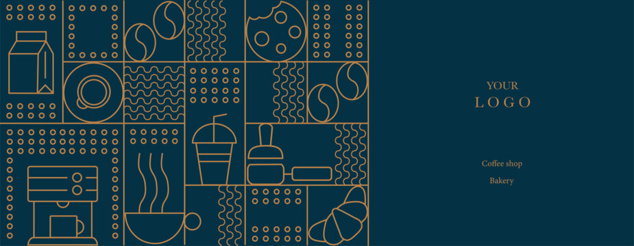 Hand drawn illustration of Bakery and Coffee. Icons. Abstract geometric line background. Gold luxury. Pattern for cover design, food package, menu, background, café wall, coffee shop, web banner