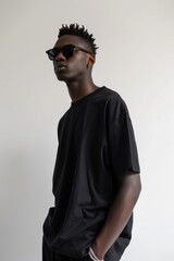 Obraz premium a man is standing in a white room, the background is white, the man is waring a black oversized fit t-shirt, 