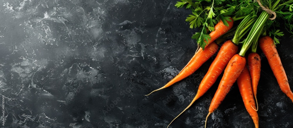 Leinwandbilder a bunch of fresh carrots on a dark stone background with space for text or images top down view idea