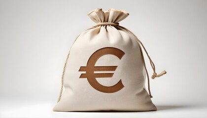 A beige cloth bag marked with the EUR Euro logo filled with various coins on a white background