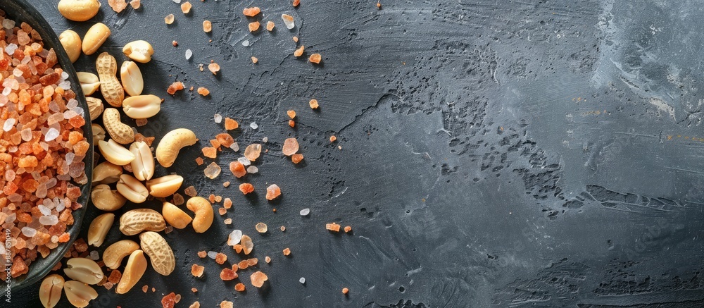 Poster dark gray backdrop with himalayan coarse salt complementing peanuts on the image leaving a large are