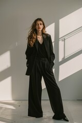 A model wearing black wide leg pants and an oversized blazer in a simple style with a minimalistic background for fashion photography in a full body shot with natural lighting