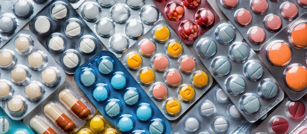 Poster varieties of medications captured in a close up shot with ample room for text including tablets pill
