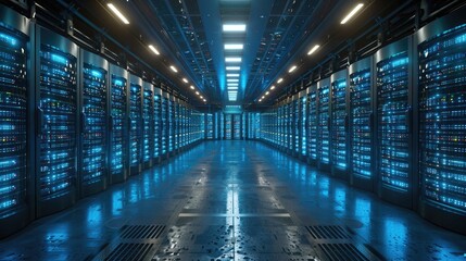 A futuristic data center with rows of illuminated server racks and a polished floor, showcasing advanced technology and infrastructure.
