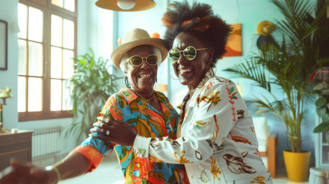 Two cheerful older lesbians are dancing in the living room. Two black positive women in sunglasses are happily spending time together