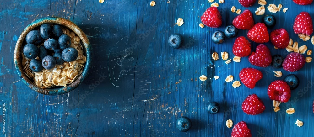 Poster an artistic studio shot showcasing oats topped with fresh blueberries and raspberries on a rustic bl