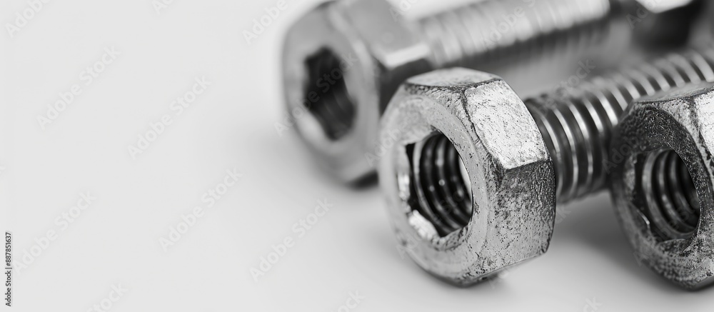 Poster close up image of nuts and bolts on a white background with copy space image