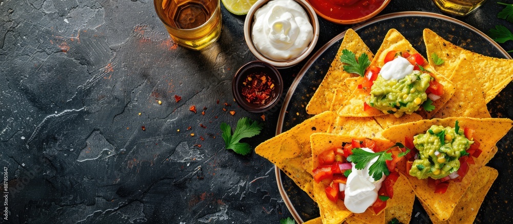 Poster top view shot of mexican nachos chips with guacamole salsa cheese and sour cream accompanied by tequ