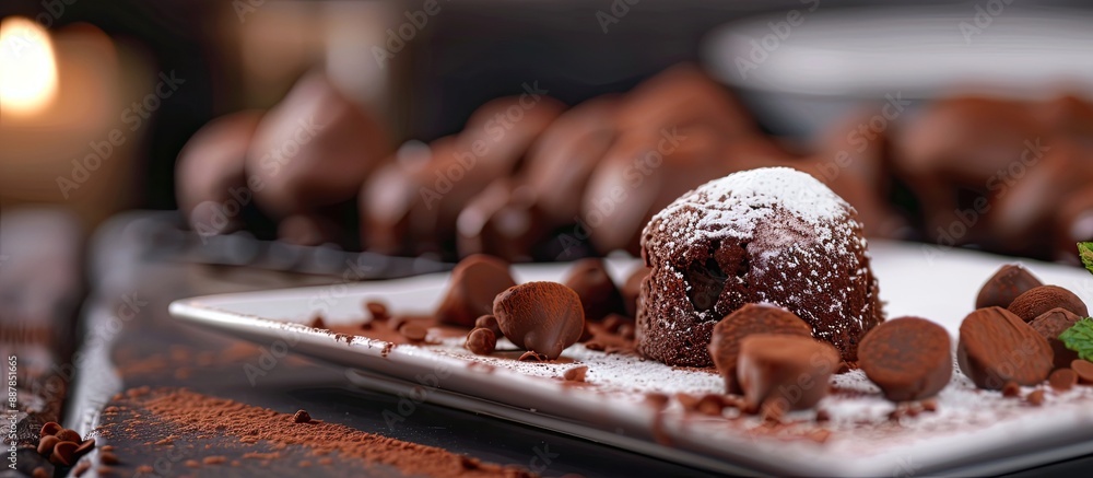 Poster Chocolate cake concept rolling on a white plate providing a backdrop for copy space image