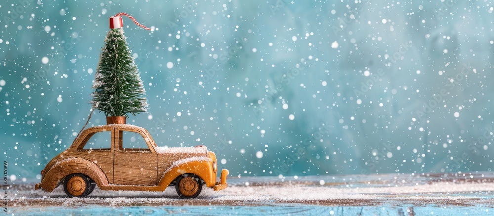 Poster a wooden toy car with a christmas tree atop it is set against a blue background with falling snow cr