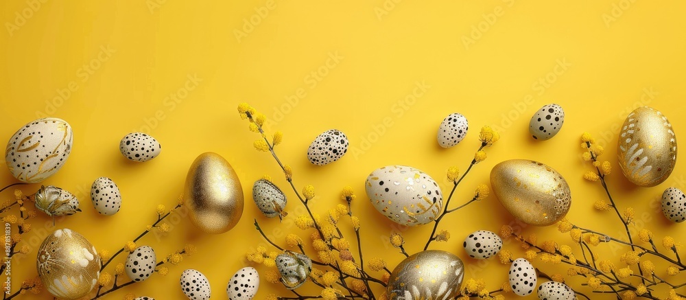 Poster the easter holiday card features silver and gold eggs green twigs on a plain yellow background at th