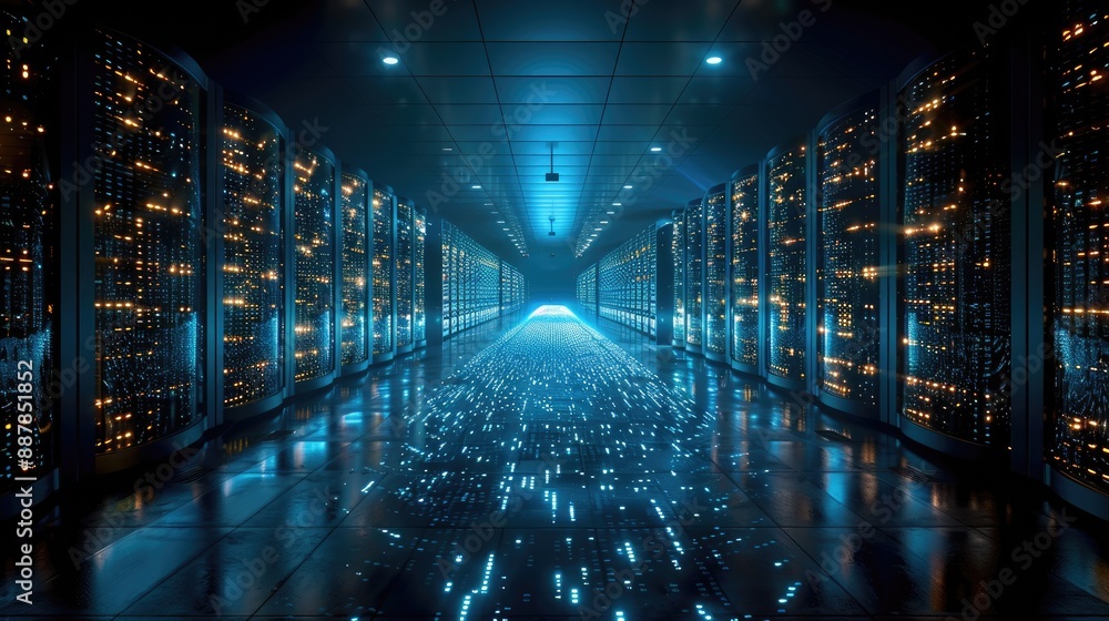 Poster futuristic data center with glowing blue lights showcasing advanced technology and high-tech server 
