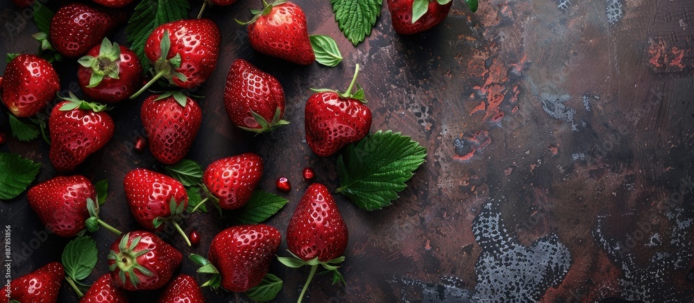 Poster background of fresh juicy strawberries with leaves creating a vibrant copy space image