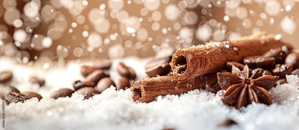 Poster coffee beans and cinnamon on snowy surface with copy space image