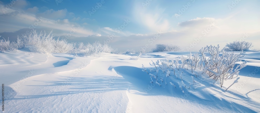 Poster Winter landscape with a snowdrift on a snow covered field creating a serene scene with copy space image