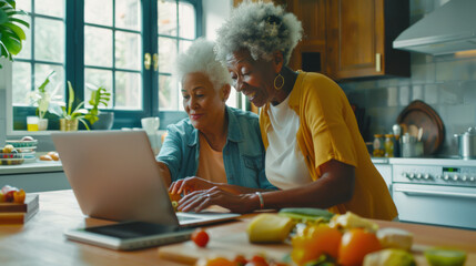 A couple of interracial lesbians are looking for a recipe for a delicious dinner in an open laptop. Two elderly women are sitting at a table in the kitchen and looking at a laptop