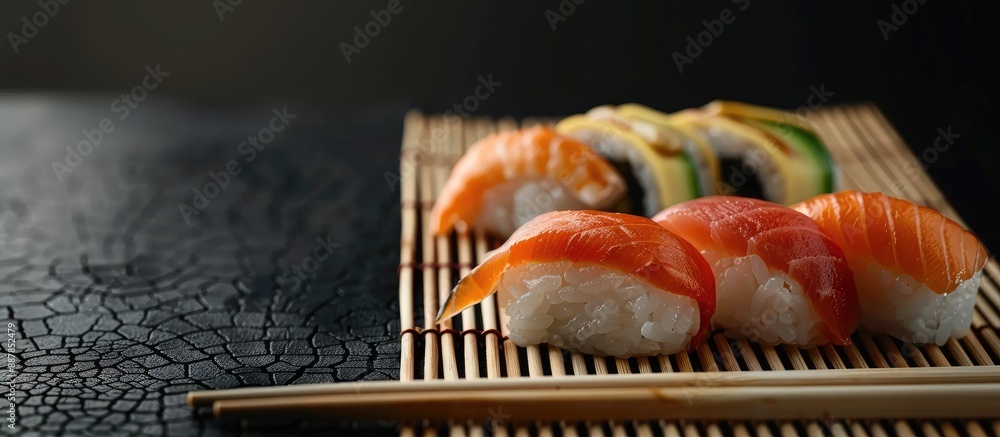Aufkleber bamboo mat for making japanese sushi isolated on black backdrop with copy space image