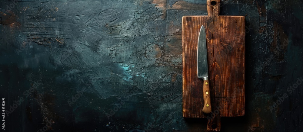 Leinwandbilder top view of a cutting board and knife against a dark background with space for copy space image