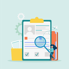 Recruitment agency, personnel service, recruitment network concept. The manager is looking for a candidate in a huge resume for the position. Vector illustration.	