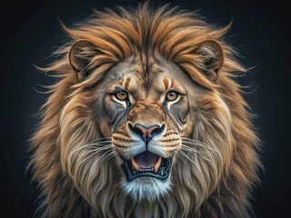 Fototapeta premium Fierce lion portrait with intense aggressive gaze, sharp teeth and claws, majestic mane, isolated on transparent background, conveying power, strength, and wild beauty.