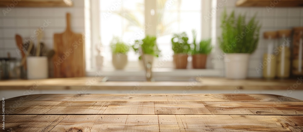 Poster blurred kitchen background with table top and copy space image included