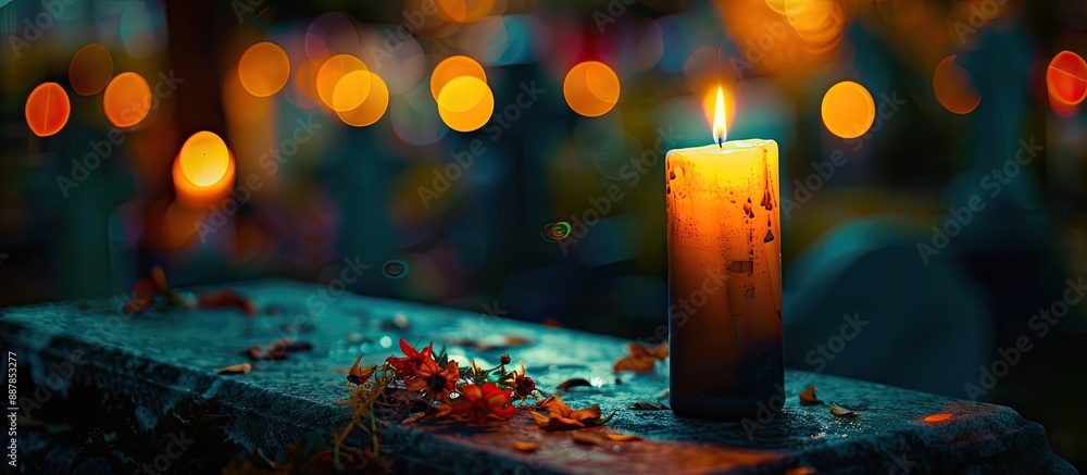 Aufkleber At night on All Saints Day a candle illuminates a tombstone with a colorful bokeh background providing copy space image
